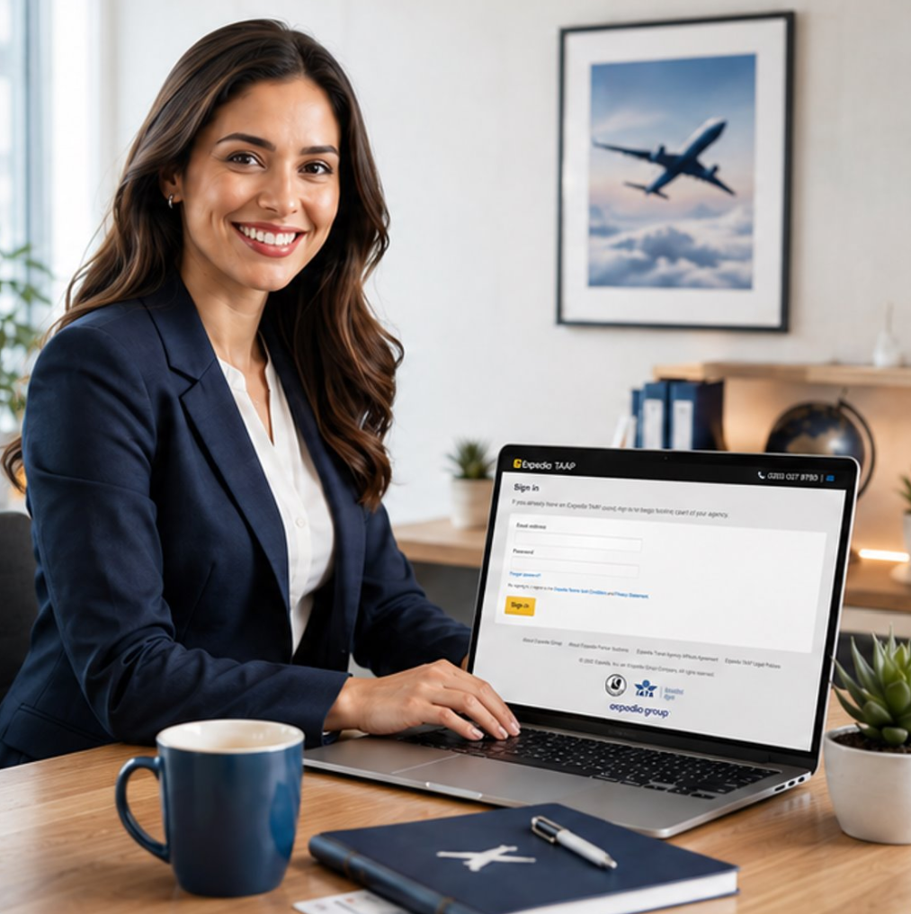 Travel agent using the Expedia TAAP portal on a laptop.