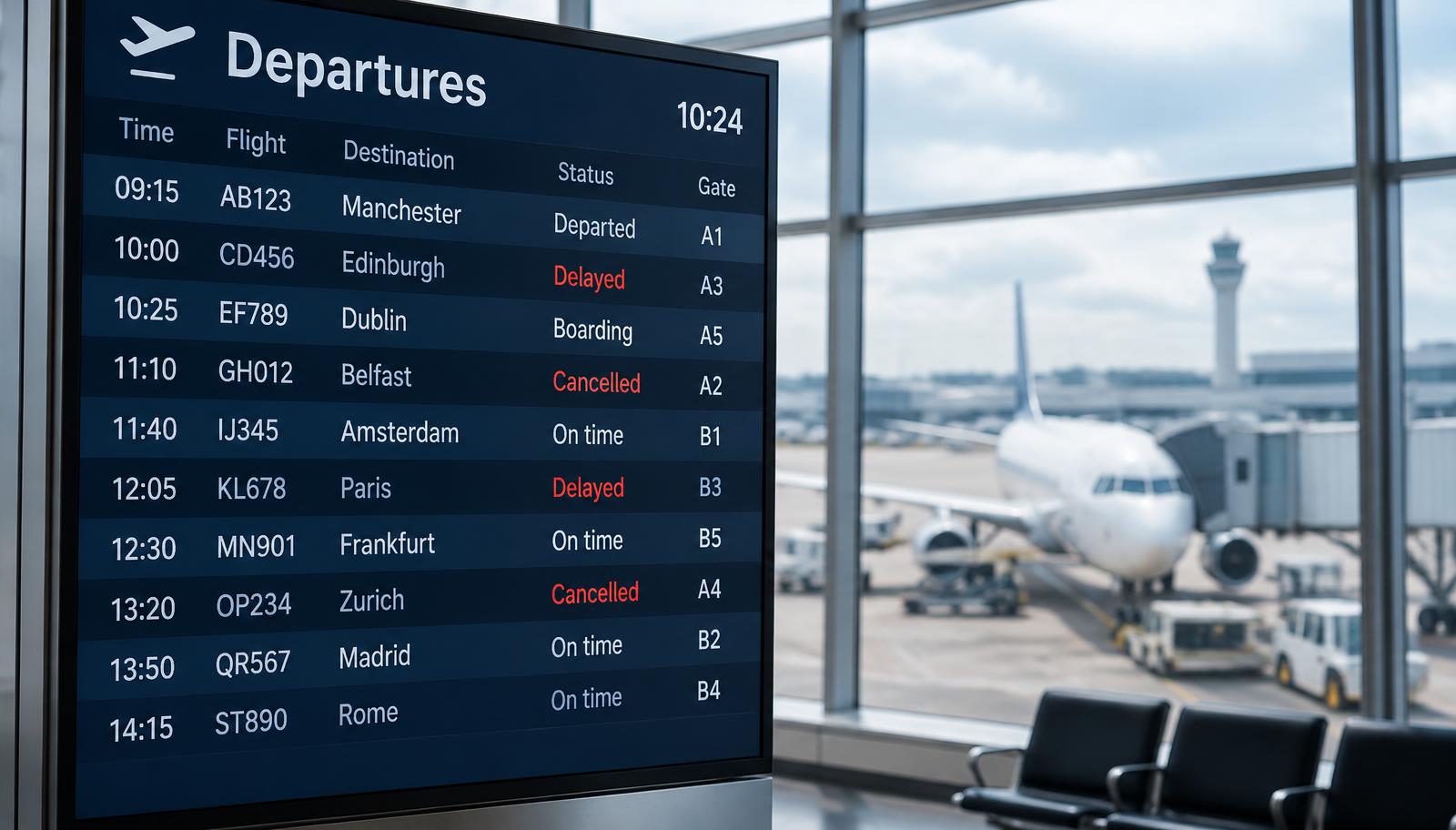 Airport departure board displaying delayed and cancelled flights